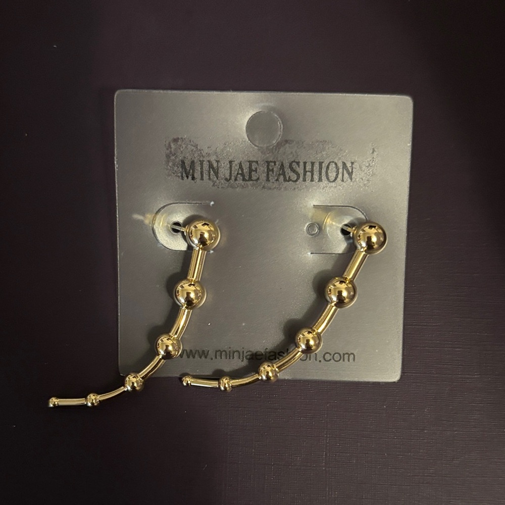 Minjae Fashion Gold Beaded Curve Earrings | NWT Modern Art Deco